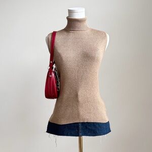 Metallic Ribbed Turtleneck Sweater Vest Sleeveless Knit Beige Medium Top Preppy